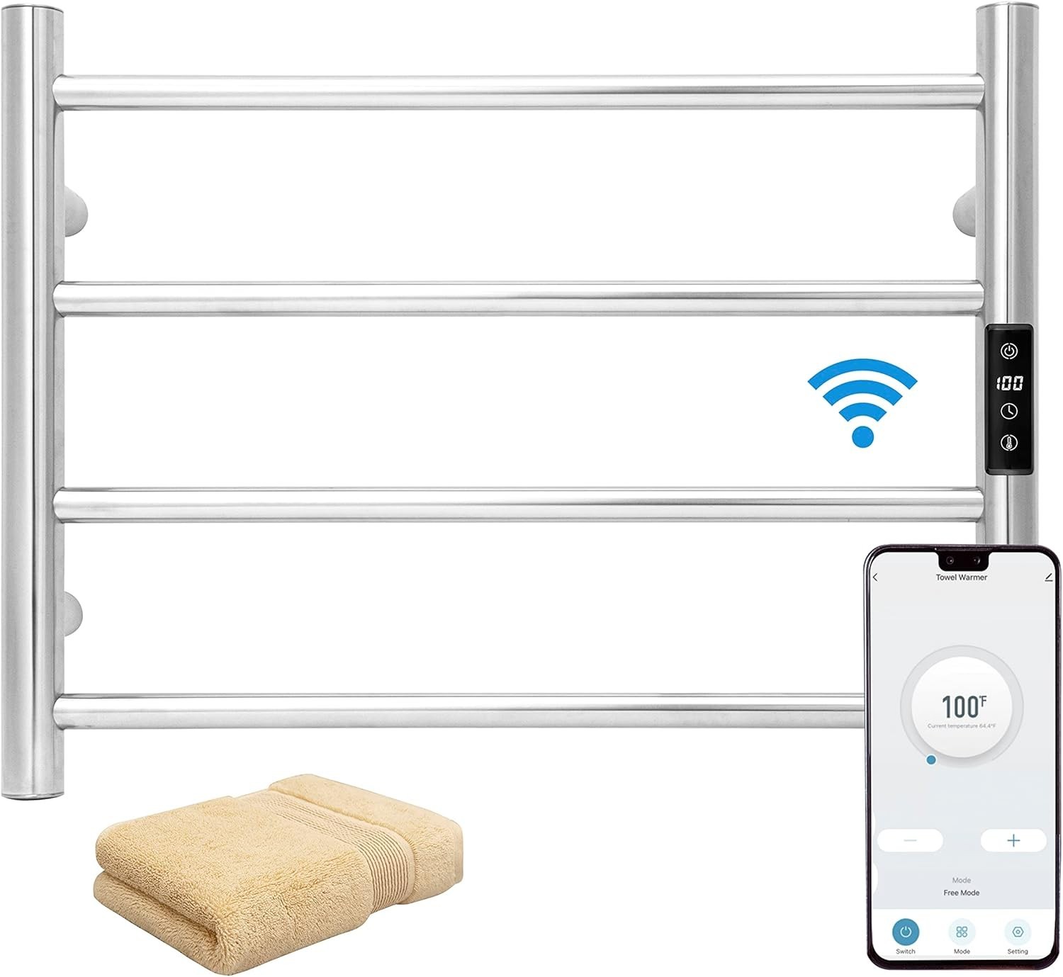 KEG Smart WiFi Towel Warmer Wall Mounted with Built-in Timer and Temperature Adjust Control, 4 Bars Electric Stainless Steel Heated Towel Racks for Bathroom Polish Chrome