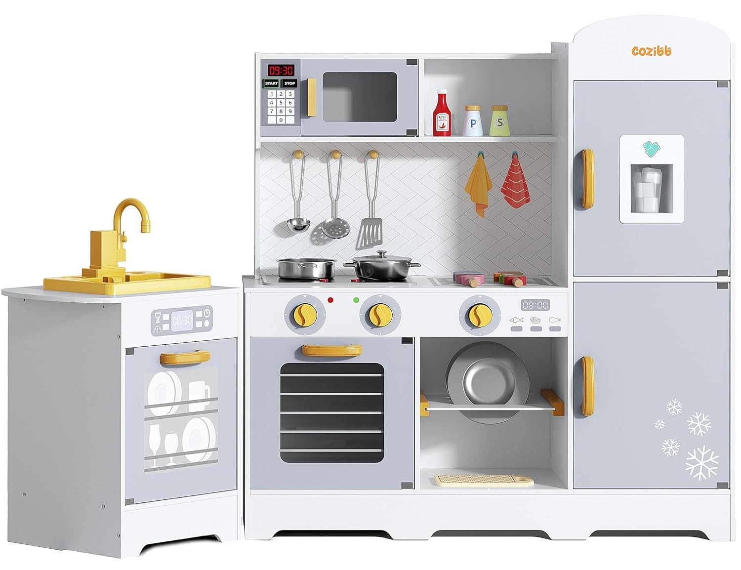 Play Kitchen for Kids, Wooden Play Kitchen with Toy Storage System, 21pcs Accessories Included, Oven Faucet, Microwave, Ice Maker, BBQ, with Lights & Sounds Kitchen Playset Gift for Ages 3+