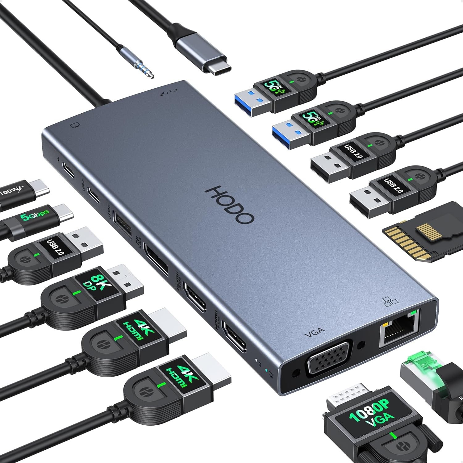 USB C Docking Station Dual Monitor for Dell HP, Laptop Docking Station 3 Monitors 15-in-1 USB C Hub Dock with Dual 4K HDMI+8K DP +VGA+6USB Ports+PD+Ethernet+SD/TF+Audio,USBC Adapter Dongle for Lenovo